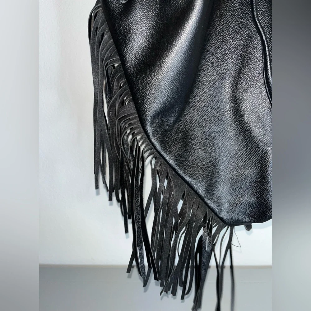 Victoria's Secret Fringe Bucket Bag Drawstring Black Faux Leather Large NWOT - Picture 10 of 16